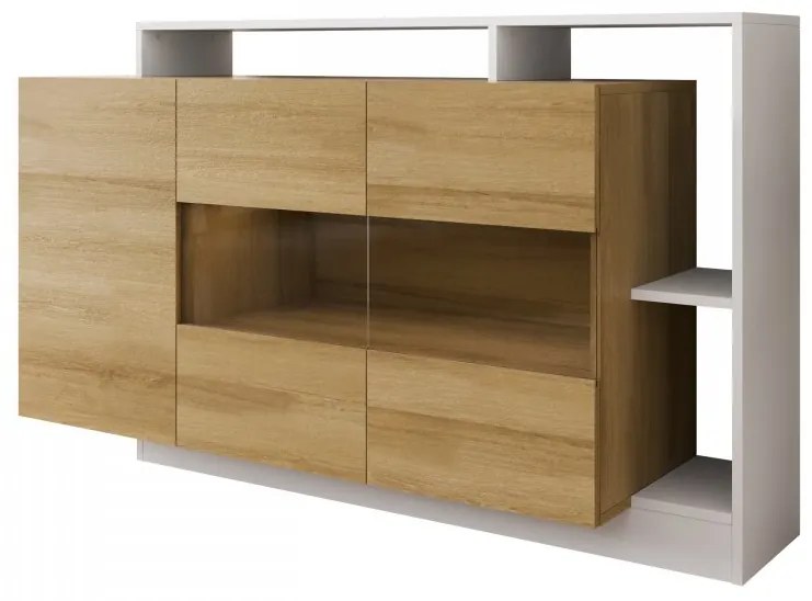Komoda Tauron, Farby: biela / dub grande, Osvetlenie: osvetlenie LED