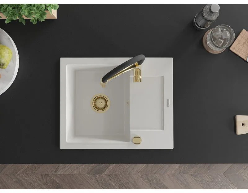 Mexen Enzo, 1-komorový granitový drez 576x465x174 mm a drezová batéria Aster, biela, 6506-20-73450-57-G