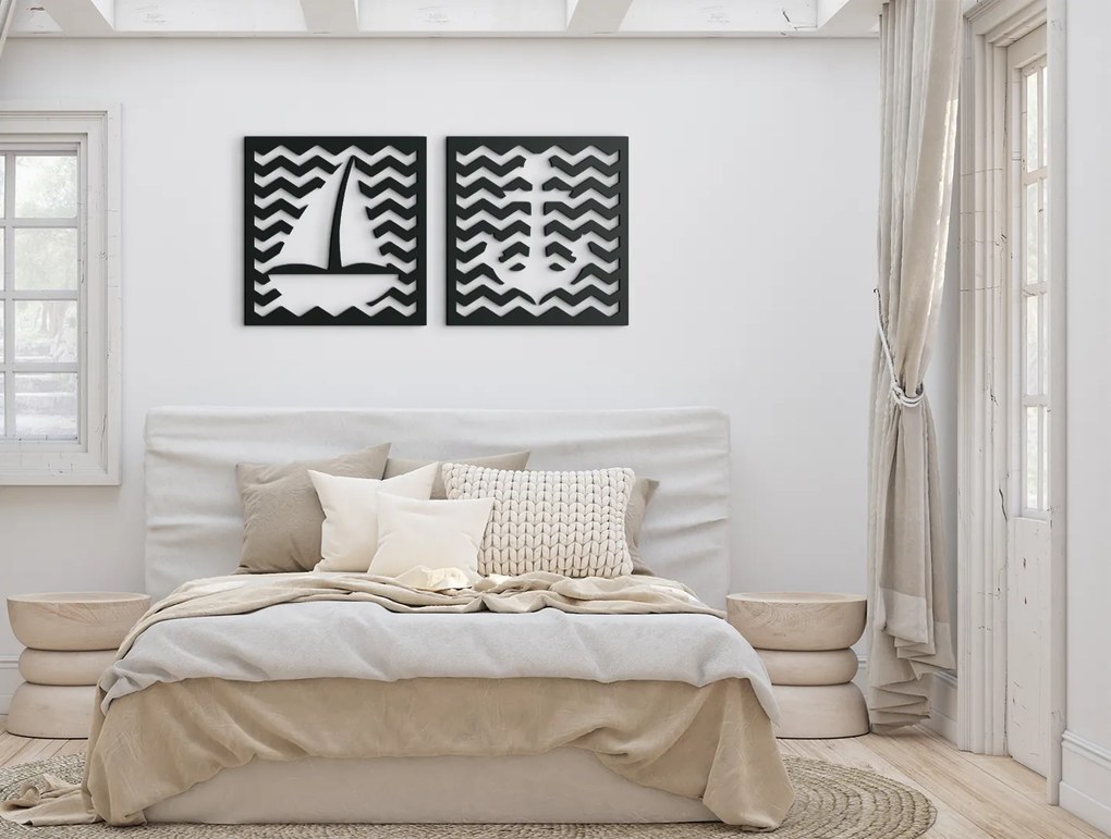 drevko 2-dielny obraz na stenu Kotva s loďkou Rozmer obrazu: 22 x 44,5 cm, Farba dekorácie: Čierna