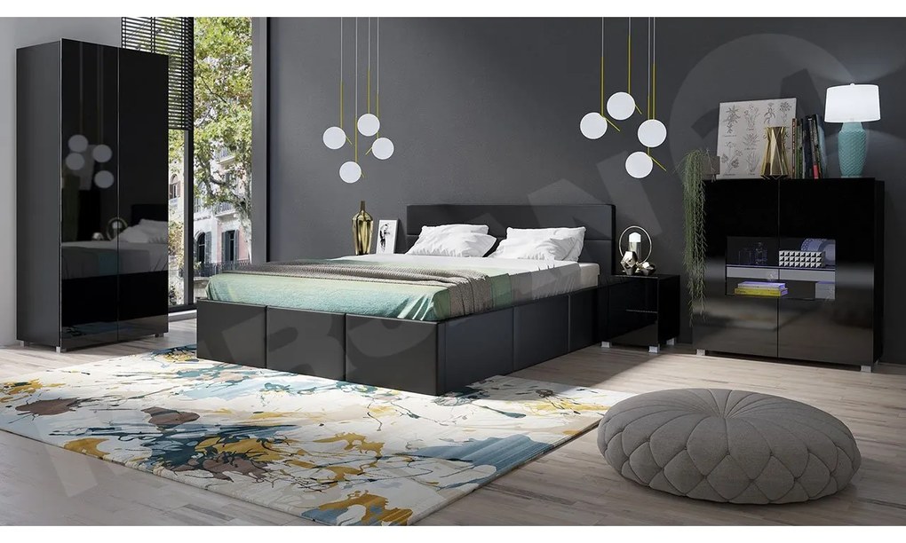 Spálňa Bralani XIX, Farby: dub zlatá, Dostupné poťahy: ekokoža Soft 011, Osvetlenie: osvetlenie LED modré