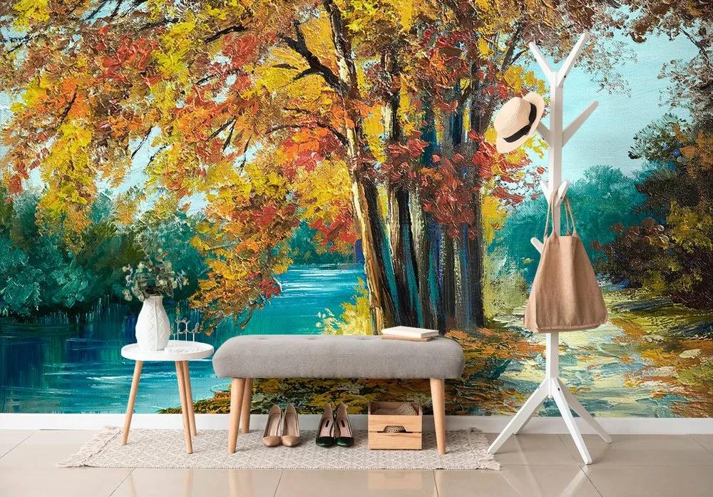 Tapeta maľba jesenných stromov pri rieke