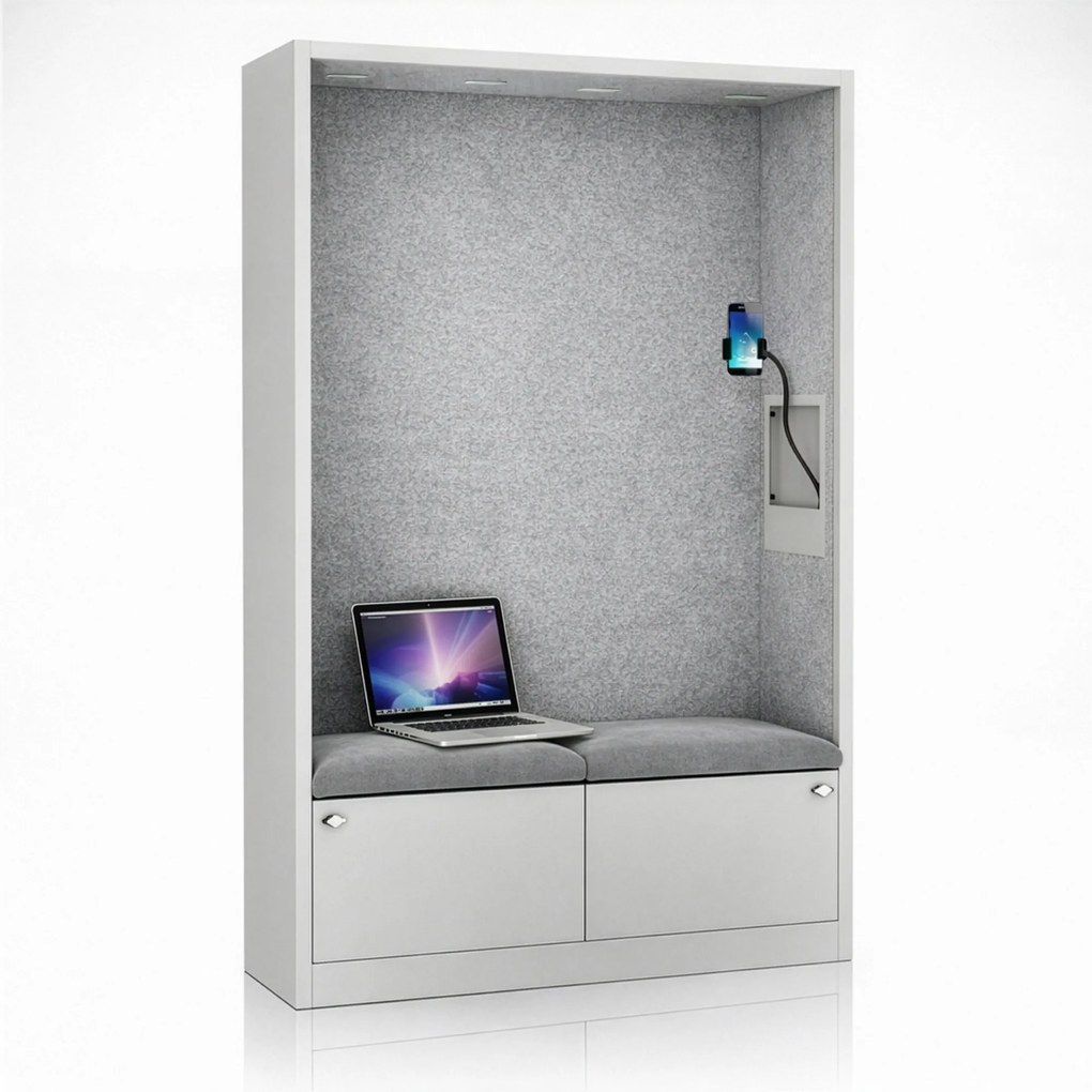 Kancelárska akustická kabína so sedadlom a portom USB-C, telo v sivý / sedák sivá v zelenej farbe, 1150 mm: SALLY MentalBox