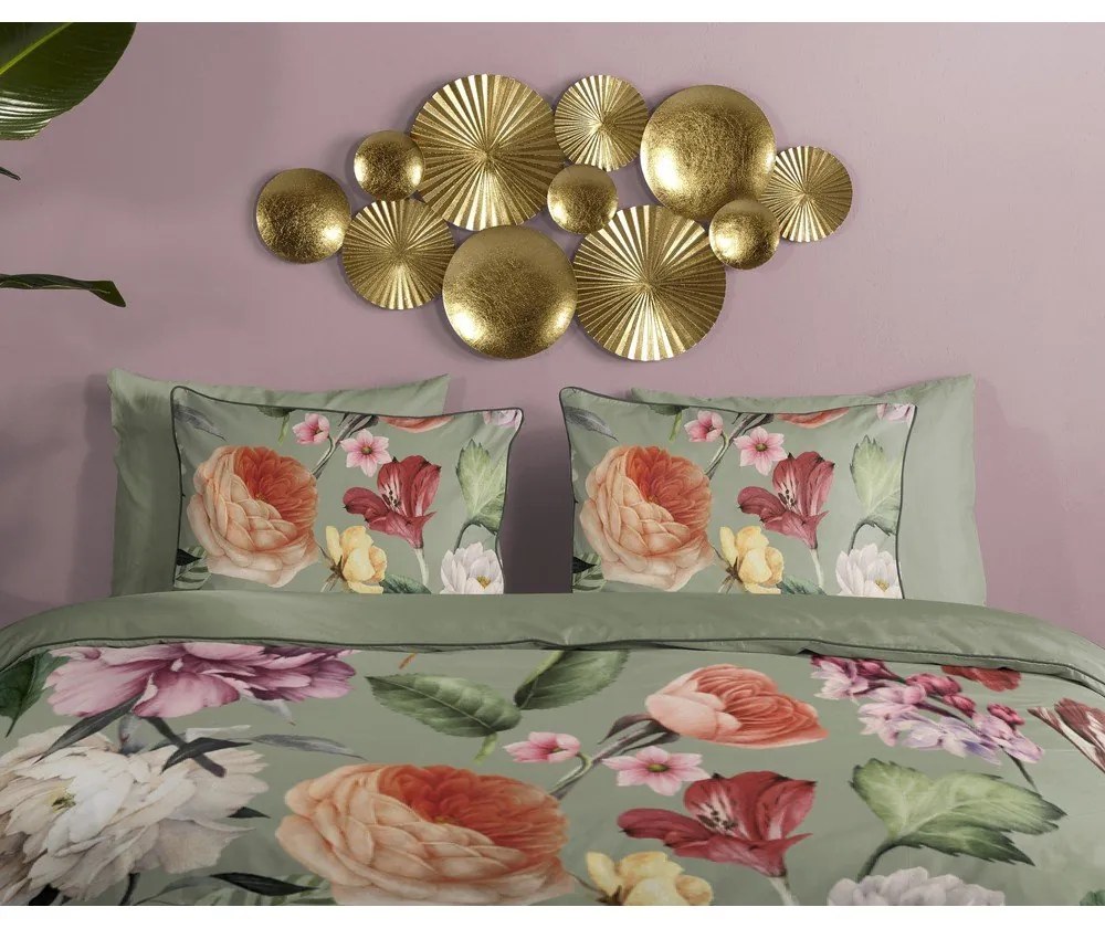 Zelené obliečky na jednolôžko/predĺžené z bavlneného saténu 140x220 cm Fiori – Descanso