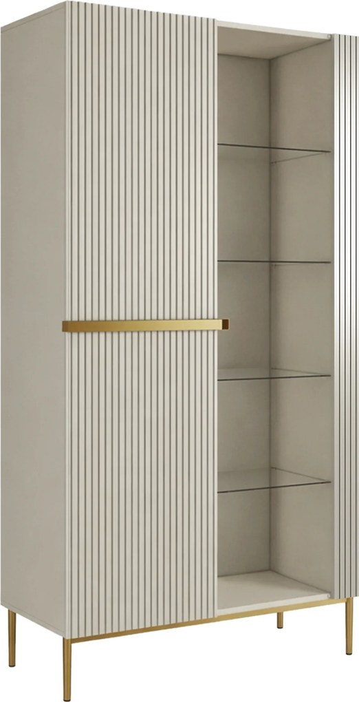 Vitrína Nicole 100 cm s drážkovaným čelom - kašmírové / zlaté nohy