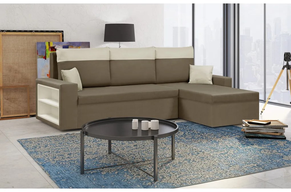 Rohová sedacia súprava s funkciou spania PAVEL Světle hnědá/krémová