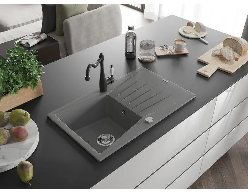 Mexen Cesar, 1-komorový granitový drez 775x470x190 mm a drezová batéria Carla, šedá, 6514-71-670700-70