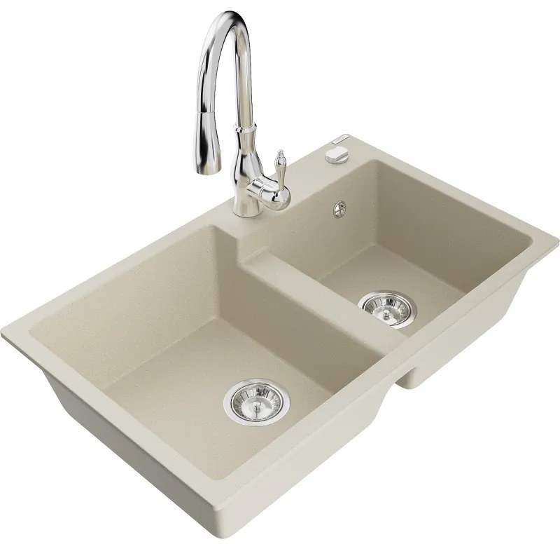 Mexen Tomas, granitový drez 800x500x190 mm, 2-komorový a drezová batéria Savita, béžová, 6516-69-672601-00
