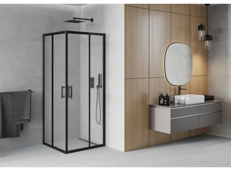 Mexen Rio, štvorcový sprchovací kút s posuvnými dverami 90(dvere) x 90(dvere) x 190 cm, 6mm sklo námraza, čierny profil, 860-090-090-70-30