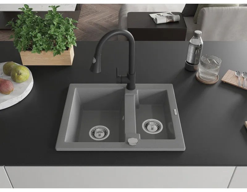 Mexen Carlos, 1,5-komorový granitový drez 582x475x177 mm a drezová batéria Elia, šedá, 6518-71-670101-70