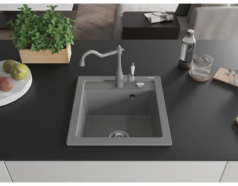 Mexen Vito, granitový drez 490x520x210 mm, 1-komorový a drezová batéria Carla, šedá, 6503-71-670700-71