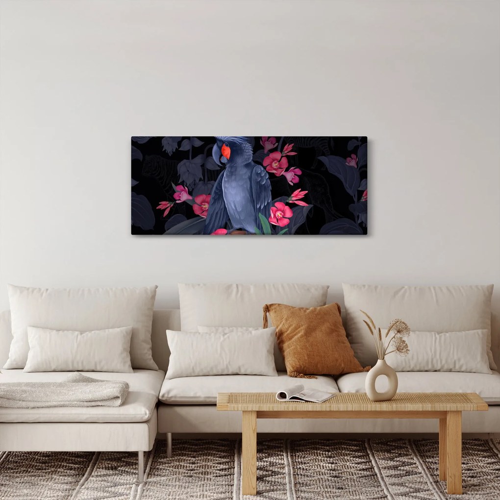 Obraz - Papagáj medzi kvetmi (120x50 cm)