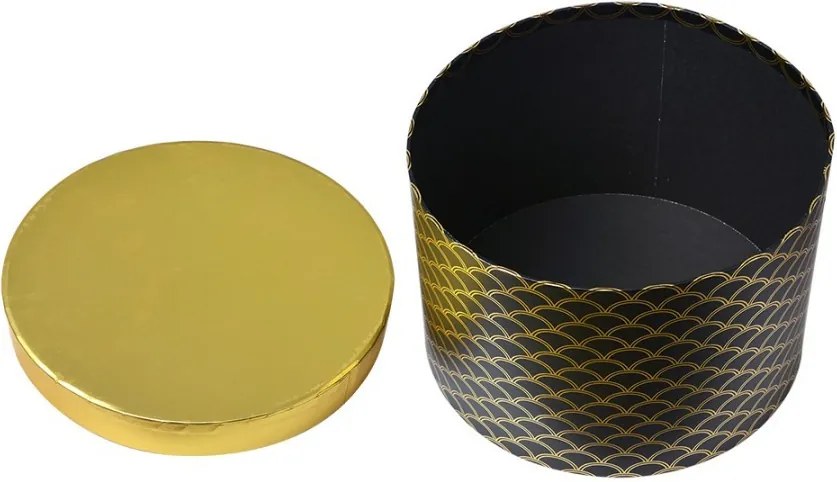 Set 3ks čierno-zlatý okrúhly úložný box s kvetmi Ø 25*17 / Ø 23*16 / Ø 21*14 cm