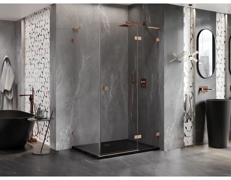 Mexen Lunar, L pravý výklopný sprchový kút 100 x 90 cm, 8mm číre sklo, profil medená matná, 834L-100-090-65-00-P