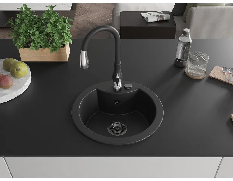 Mexen Diego, 1-komorový granitový drez 488x488x167 mm a drezová batéria Savita, čierna, 6512-77-672601-70-B