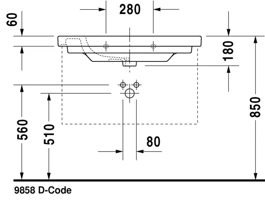 Duravit D-Code - Umývadlo do nábytku s prepadom 850x480 mm, 1 otvor na batériu prepichnutý, biela 03428500002