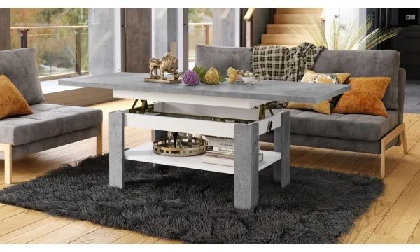 Rozkladací konferenčný/jedálenský stôl ROY so zdvíhacou doskou, betónovo sivý/biely