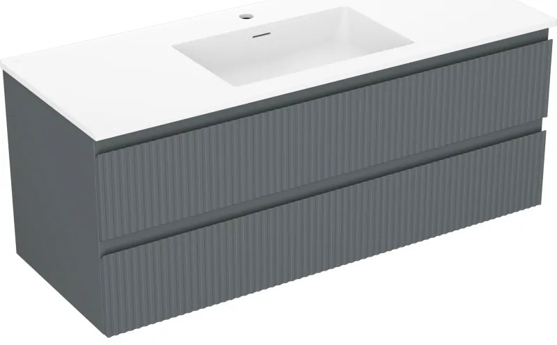 Mexen Rivel, kúpeľňová skrinka 120 cm s umývadlom Otis, 2 zásuvky, drážkovaná, grafitová matná/biela matná, 91A20-12047-2-BFF66-W18M