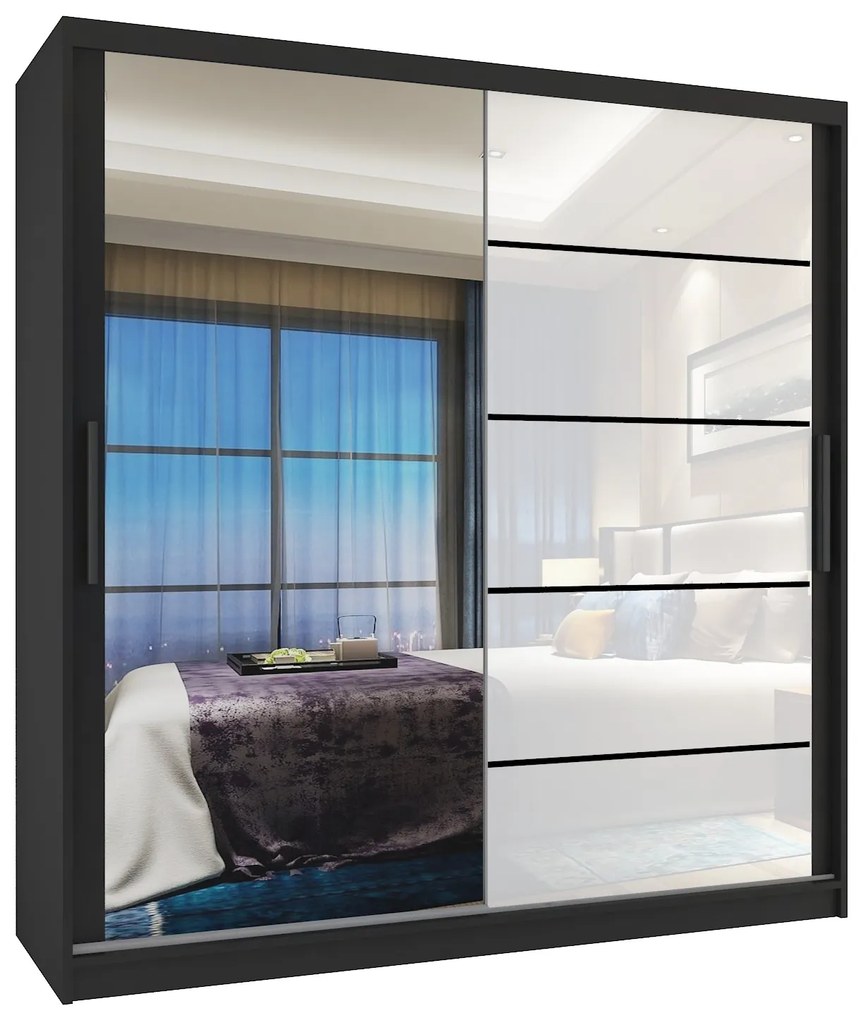 Šatníková skriňa 158 cm Belini čierny mat / biely lesk s posuvnými dverami zrkadlom a zásuvkami  MGB SZP7/0/B/1L5W/KLP