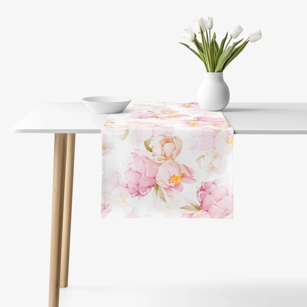 Goldea behúň na stôl 100% bavlnené plátno deluxe - kvitnúce kvety pivoniek 35x140 cm