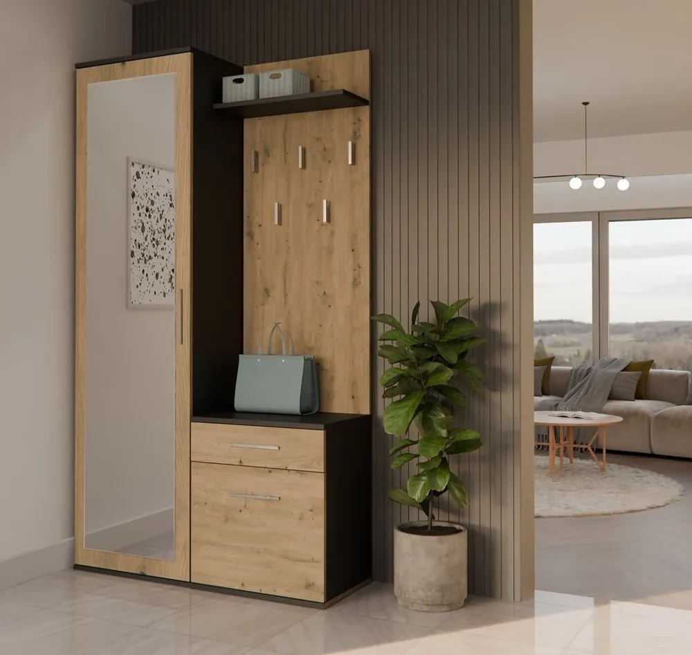 Predsieňová stena so zrkadlom a šuplíkmi DUO dub artisan/antracit