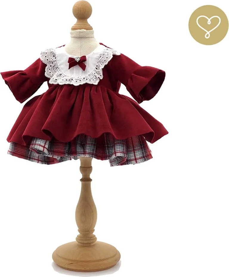 Bordové zamatové šaty pre bábiku – volánikové rukávy a čipkované detaily