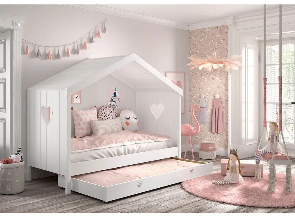Biela domčeková detská posteľ z borovicového dreva s výsuvným lôžkom a úložným priestorom 90x200 cm AMORI – Vipack