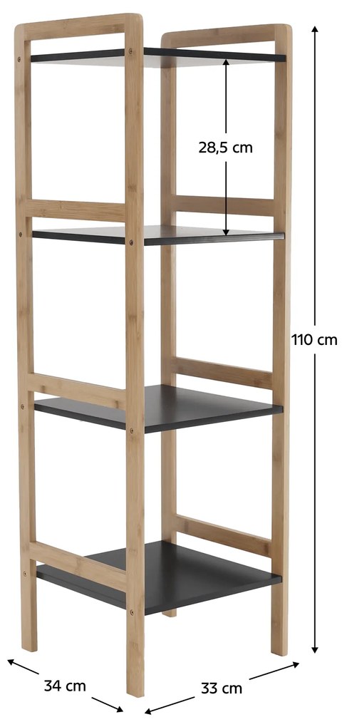 Kondela 4-policový regál, prírodná/čierna, NAOKO