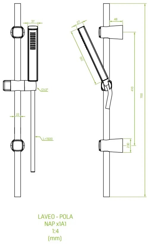 Laveo Pola, sprchový stĺp 70cm s ručnou sprchovou hlavicou, 1-funkcia, čierna matná, LAV-NAP_71A1
