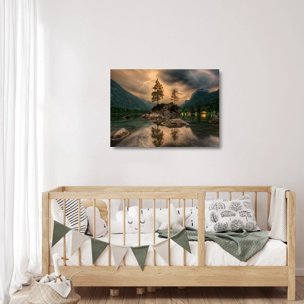 Sklenený obraz - jazero v horách (70x50 cm)