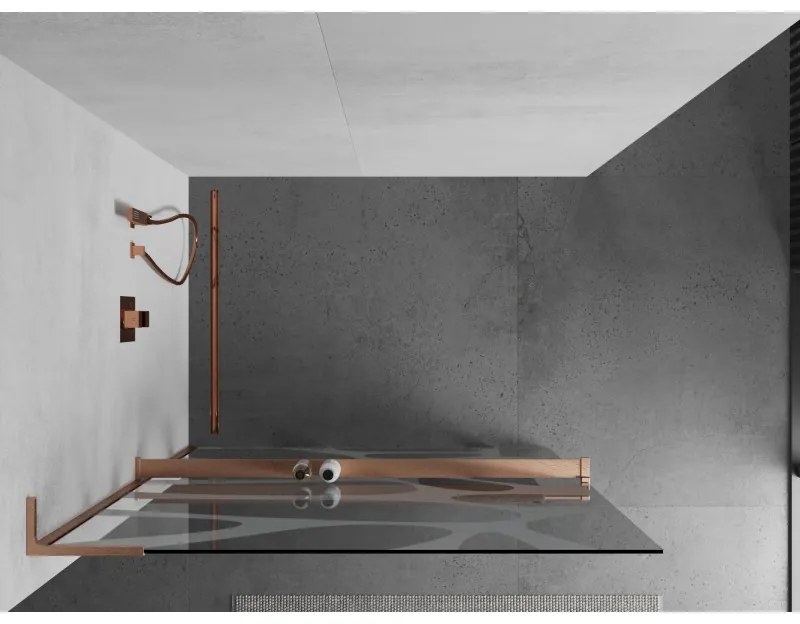 Mexen Kioto+ L, sprchová zástena Walk-In s poličkou a vešiakom 90 x 200 cm, 8mm číre sklo biely vzor, medený matný profil, 800-090-123-65-97