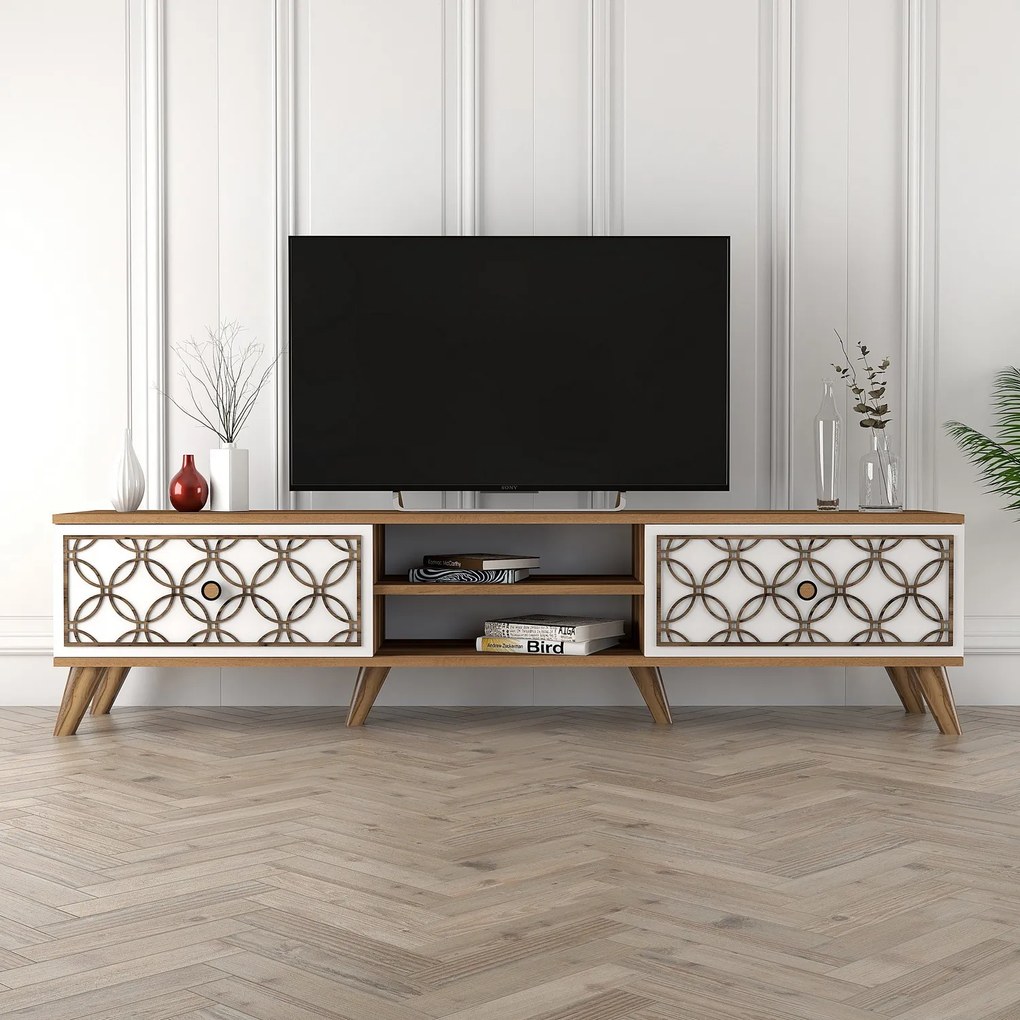 TV stolík/skrinka Clara (Orech + Biela). Akcia -18%. Vlastná spoľahlivá doprava až k Vám domov. 1071852