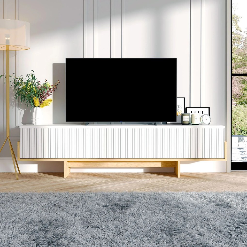TV skrinka Hega (biela + dub zafírový). Akcia -19%. Vlastná spoľahlivá doprava až k Vám domov. 1144712