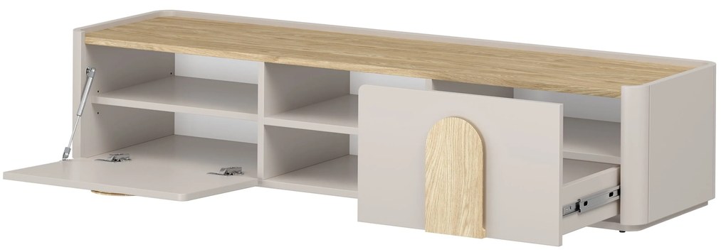 TV stolík Amilio 170 cm so zásuvkou - kašmír / olejovaný dub / úchytky svetlý dub