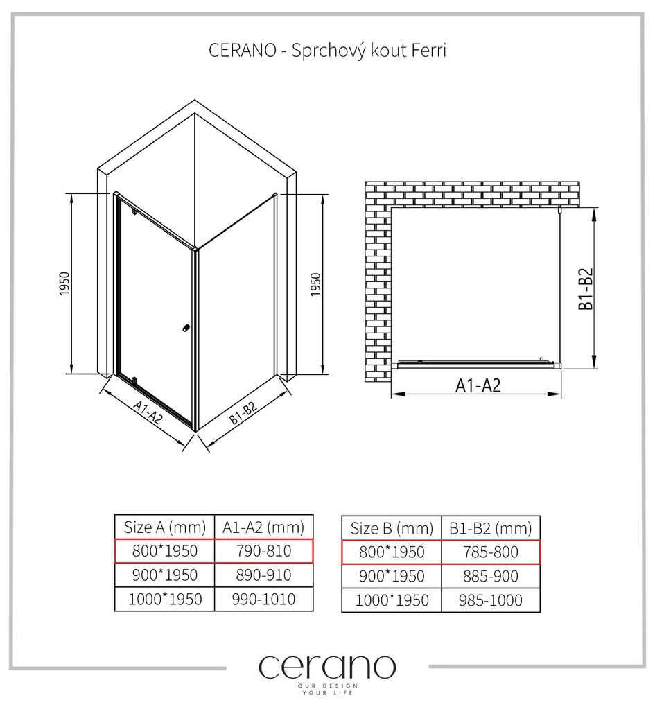 Cerano Ferri, krídlový sprchovací kút 80(dvere) x 80(stena) x 195 cm, 6mm číre sklo, čierny profil, CER-CER-427471