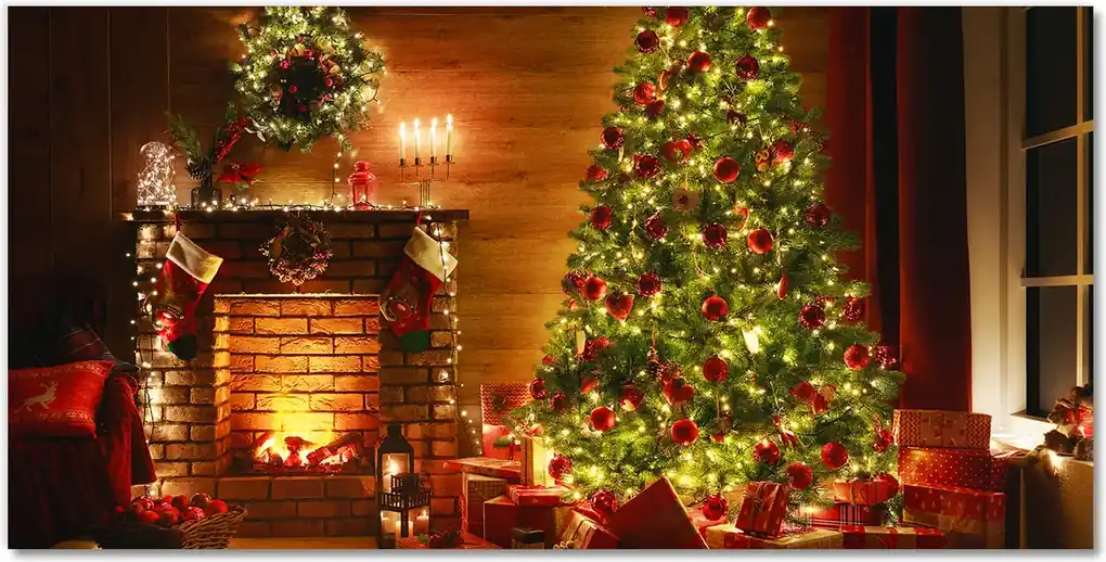 Skleněný obraz Vianočný stromček. Vianoce. Krb. Darček | BIANO