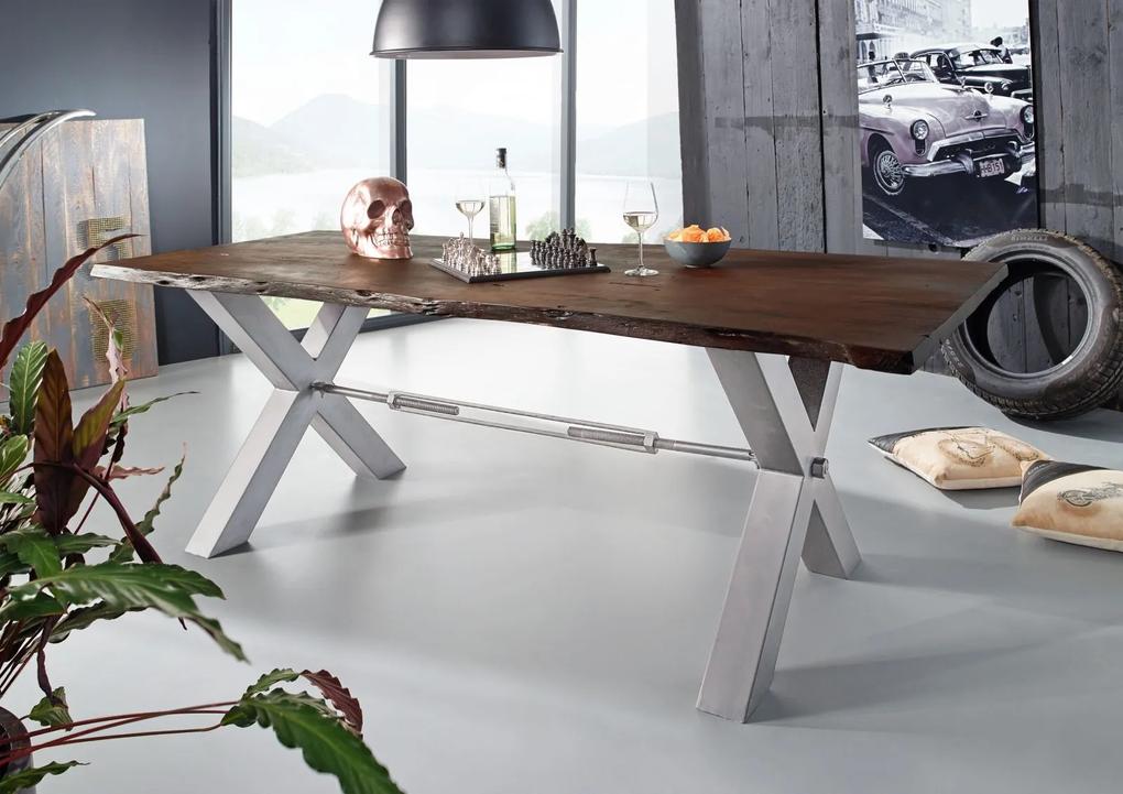 Bighome - DARKNESS Jedálenský stôl 220x100 cm - strieborné nohy, hnedá, akácia