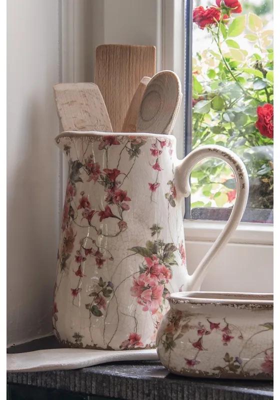 Béžový keramický dekoračný džbán s výraznými kvetmi - 16*12*18 cm