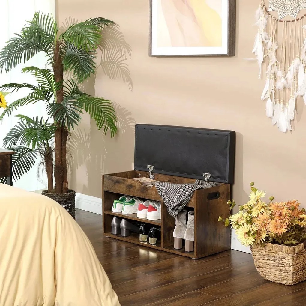 Botník s lavicou a úložným priestorom LUJZA, 80x30x44cm, tmavá hnedá/čierna Vasagle