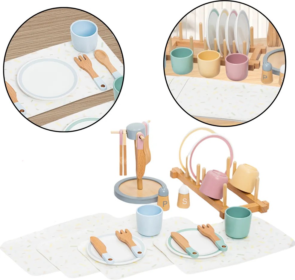 LEAN Drevená súprava detského riadu Stojan na stôl 33El