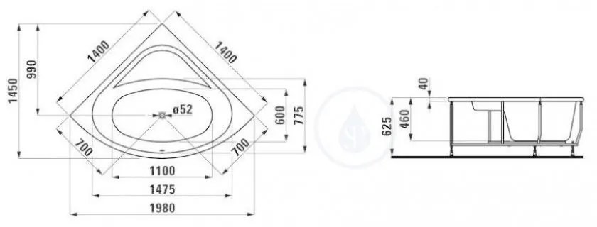 LAUFEN Solutions Vaňa s konštrukciou, 1400 mm x 1400 mm, biela H2425010000001