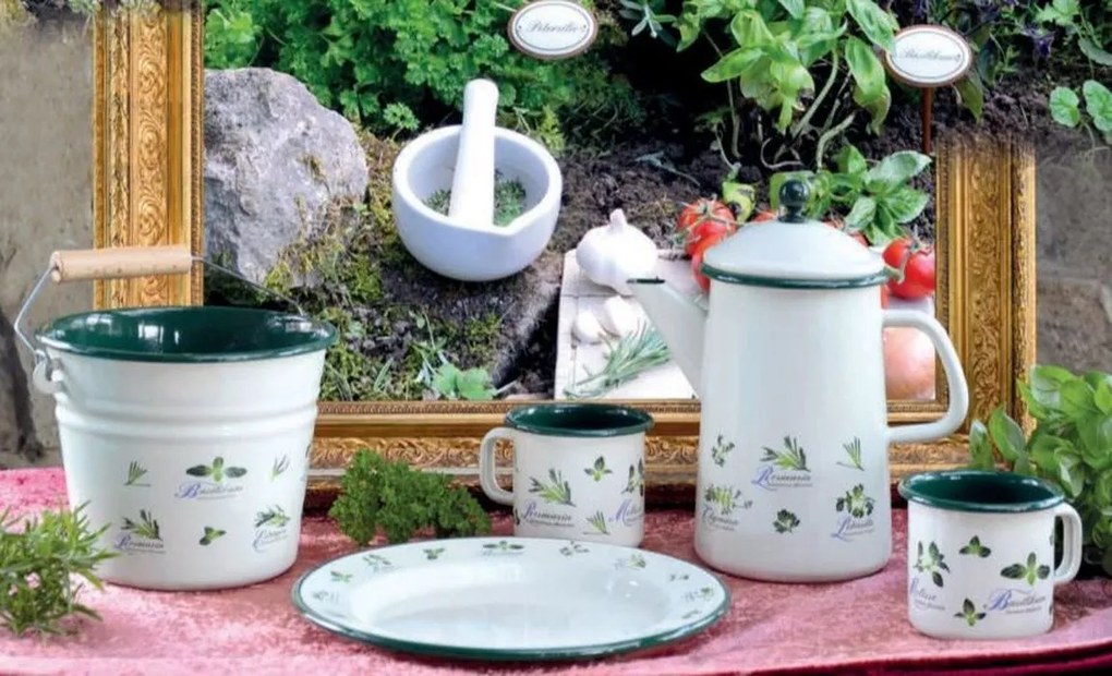 Krémový smaltovaný kýblik s bylinkami Herbs - Ø16 * 14cm - 1.5L