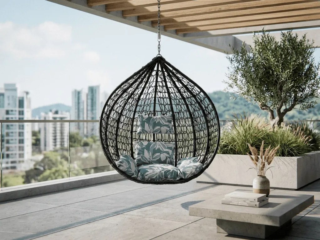 Čierne závesné kreslo KOKON bez stojana, zeleno-biely vankúš