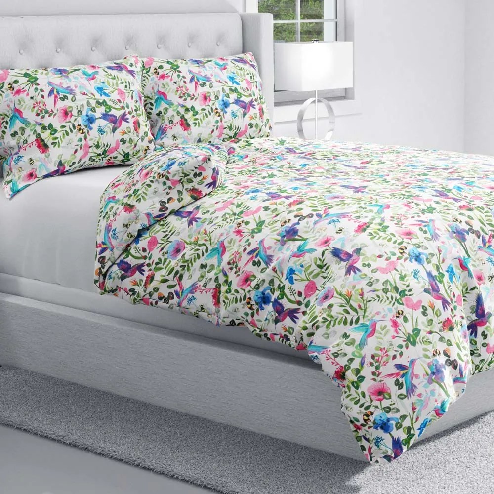 Biante Bavlnené posteľné obliečky Sandra SA-495 Dúhové kolibríky medzi kvetmi Predĺžené 140x220 a 70x90 cm