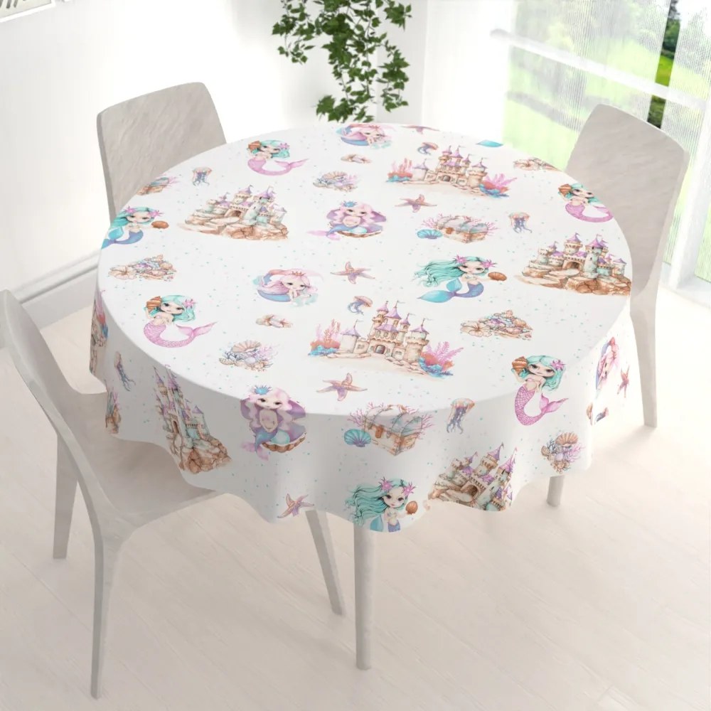 Biante Detský bavlnený okrúhly obrus Sandra SA-567 Morské víly a kráľovstvo na bielom Ø 80 cm