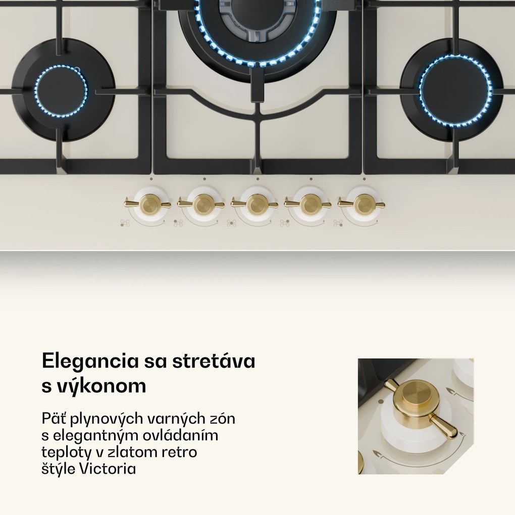 Klarstein Victoria 5, plynová varná doska, 5 Sabaf horákov, sklokeramika, retro vzhľad