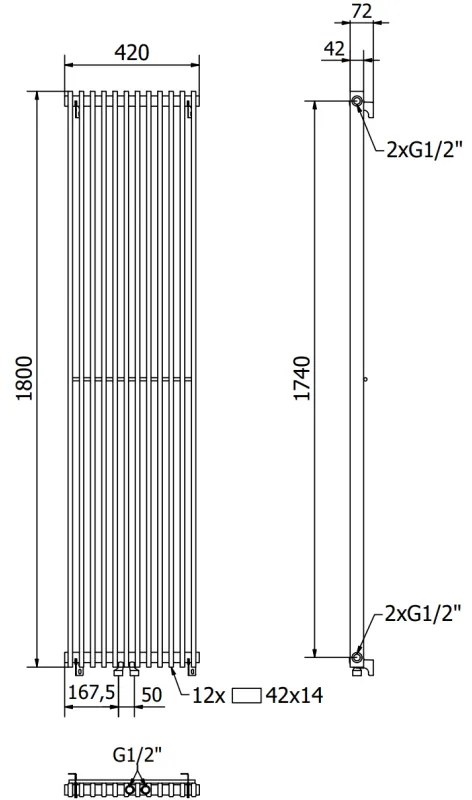 Mexen Kansas, vykurovacie teleso 1800 x 420 mm, 975 W, čierna, W204-1800-420-00-70