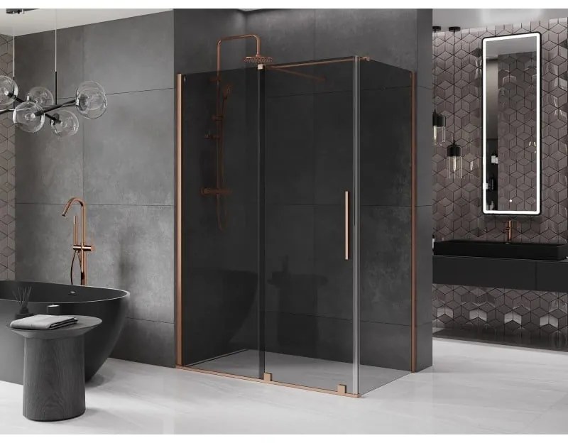 Mexen Velar, sprchový kút s posuvnými dverami 130 x 75 cm, 8mm šedé sklo, medená matná, 871-130-075-41-65