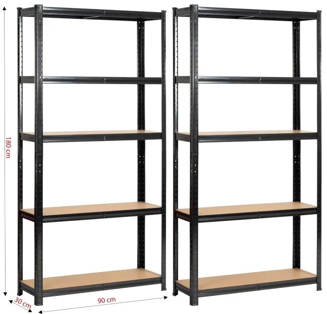 Set 2 kovových regálov 90x30x180 cm čierny