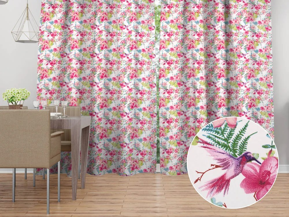 Biante Bavlnený záves Sandra SA-493 Kolibríky s ružovými kvetmi na bielom 150x140 cm