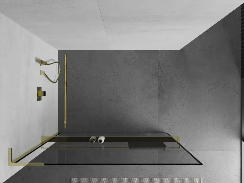 Mexen Kioto+ L, sprchová zástena Walk-In s poličkou a vešiakom 120 x 200 cm, 8mm číre sklo čierny vzor, zlatý lesklý profil,800-120-123-50-70
